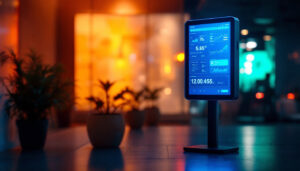 A photograph of a well-lit meter board stand displaying a vibrant led screen