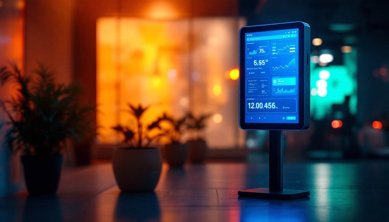 A photograph of a well-lit meter board stand displaying a vibrant led screen