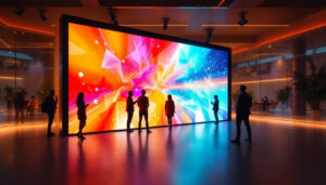 A photograph of a sleek and modern screen room installation featuring a vibrant led display