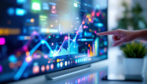 A photograph of a sleek 32-inch touchscreen monitor displaying vibrant led graphics