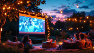 A photograph of capture a photograph of a vibrant outdoor movie setup at dusk