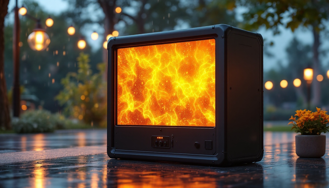 A photograph of a weatherproof outdoor tv case showcasing an led display in a vibrant outdoor setting