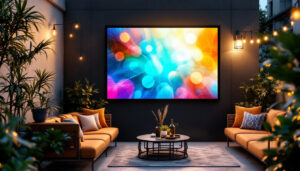 A photograph of a vibrant outdoor setting featuring a sleek led display screen