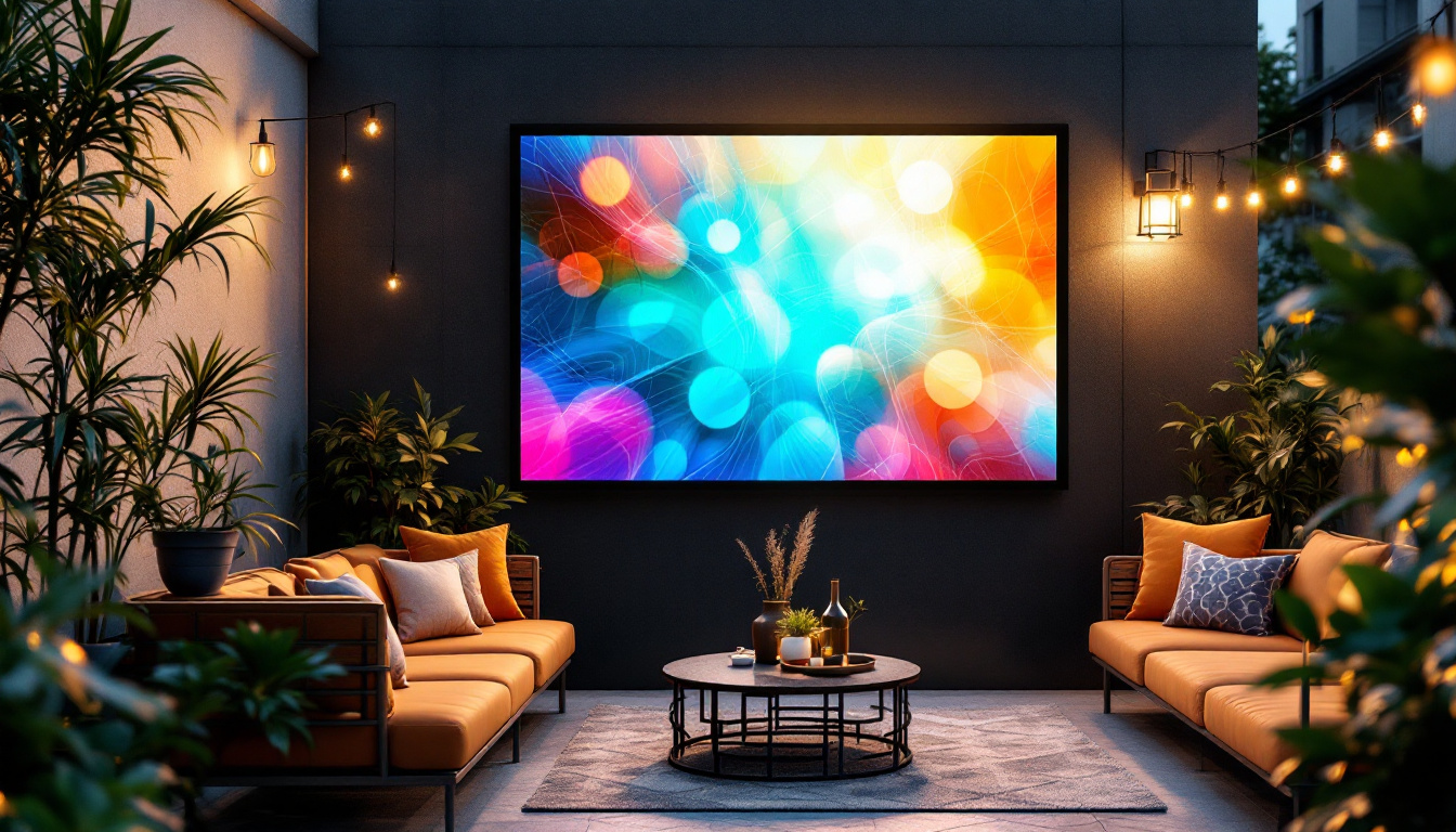 A photograph of a vibrant outdoor setting featuring a sleek led display screen