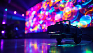 A photograph of a vibrant led sign projector in action