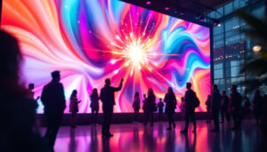 A photograph of a vibrant large screen led display in a dynamic setting
