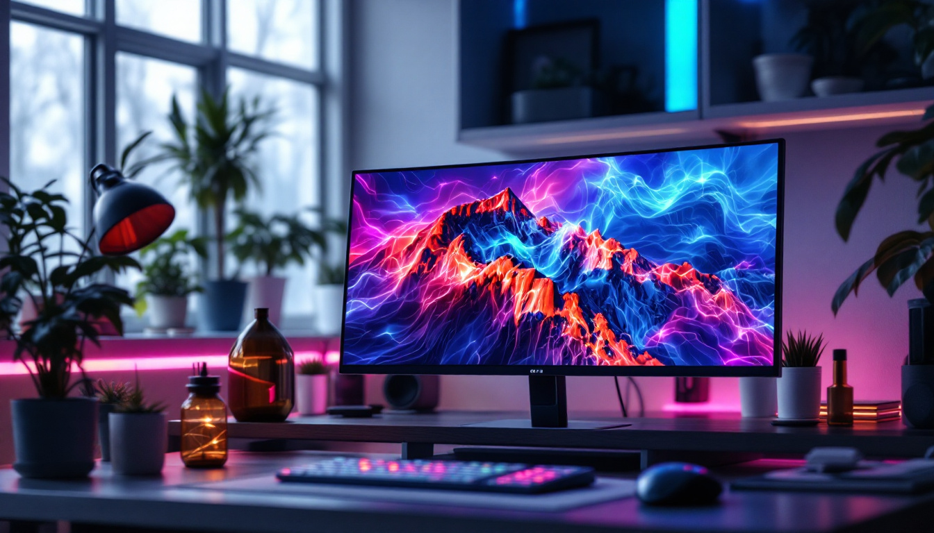 A photograph of a modern workspace featuring a sleek computer screen holder for a desk