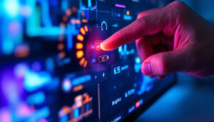 A photograph of a close-up of a hand adjusting the brightness settings on a modern led display