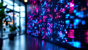 A photograph of a sleek black lattice panel featuring an illuminated led display
