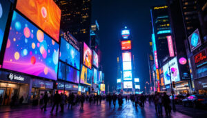 A photograph of a vibrant led display in a bustling urban environment at night