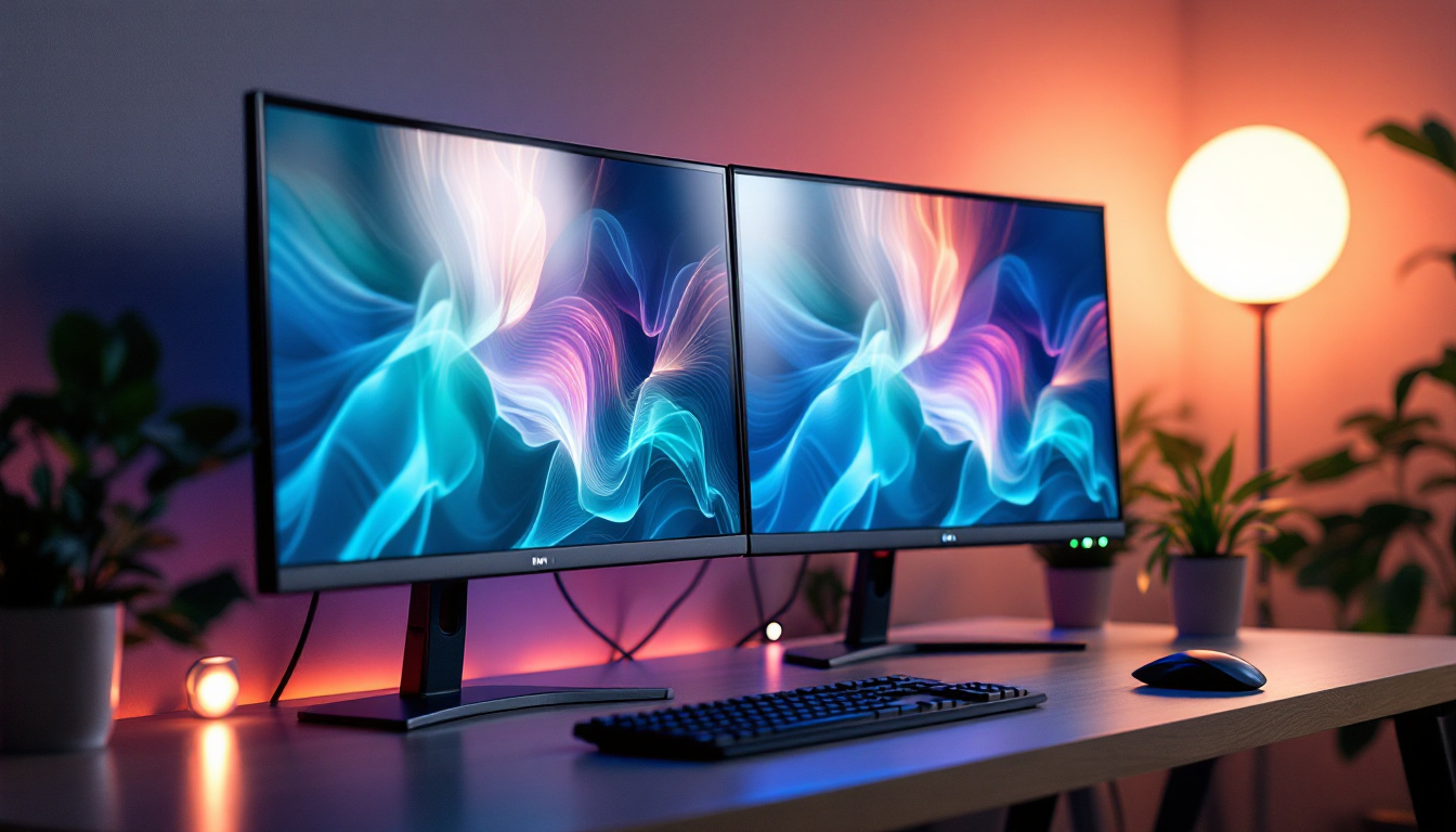 A photograph of capture a photograph of a sleek dual mount monitor setup on a stylish desk