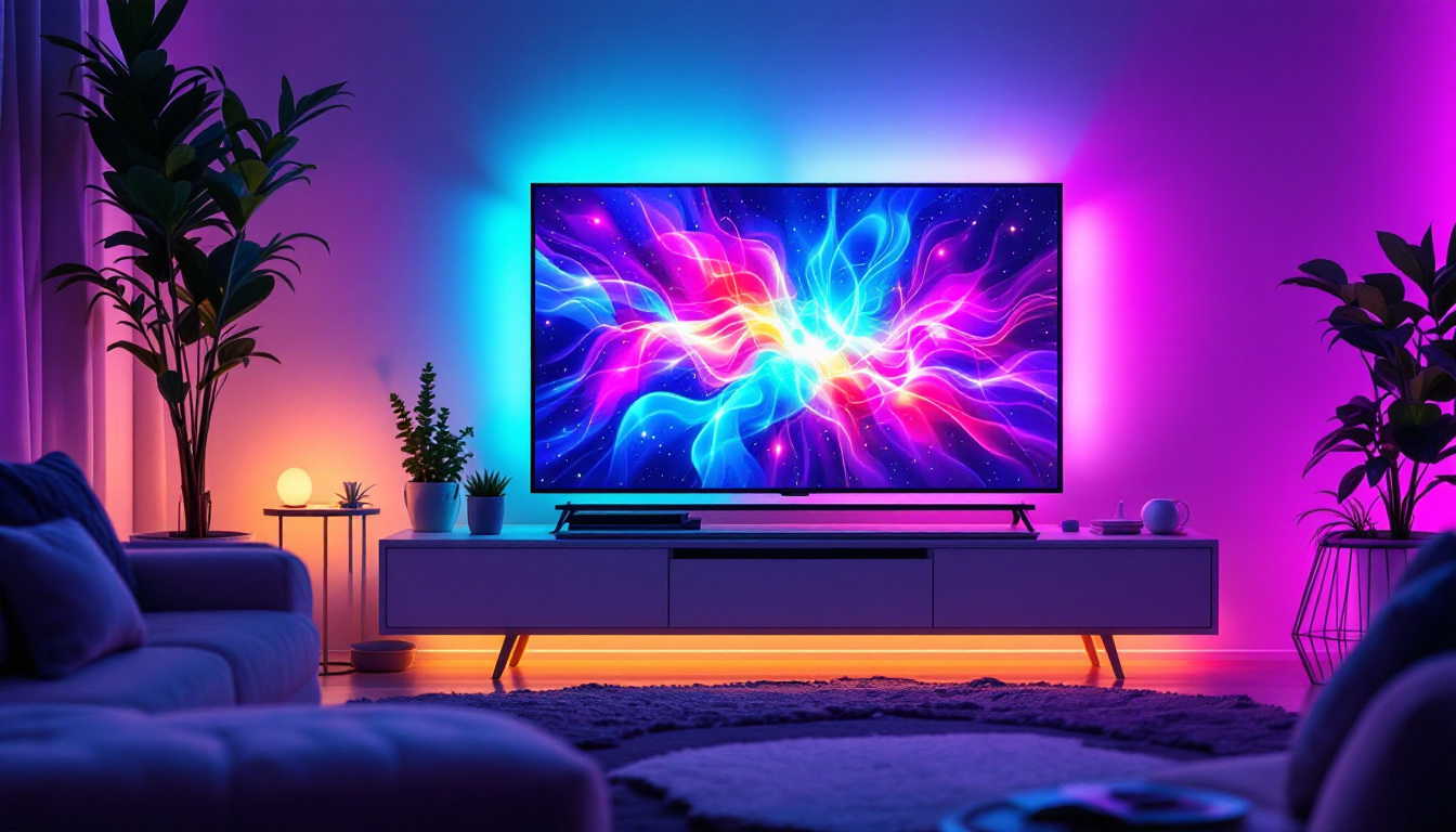 A photograph of a vibrant living room scene featuring an interactive tv with dynamic led lights