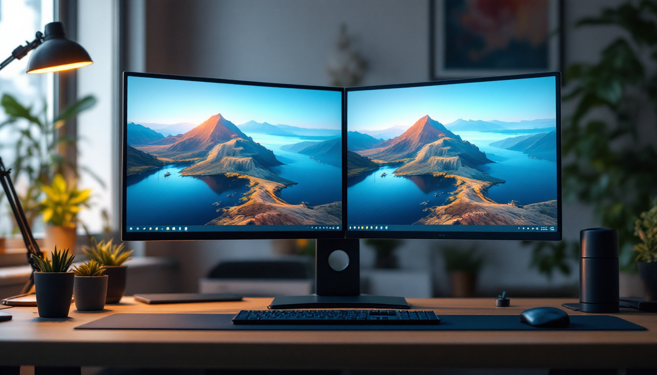 A photograph of capture a photograph of a sleek hp dual monitor stand showcasing two led displays in a modern workspace
