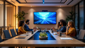 A photograph of capture a photograph of a sleek 10-foot conference table equipped with an integrated led display