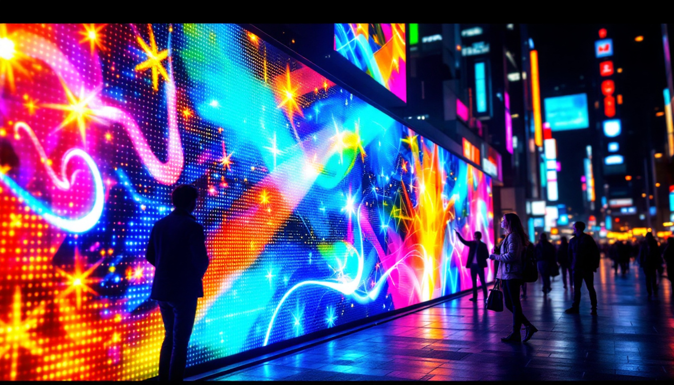 A photograph of a vibrant led display in a dynamic urban setting