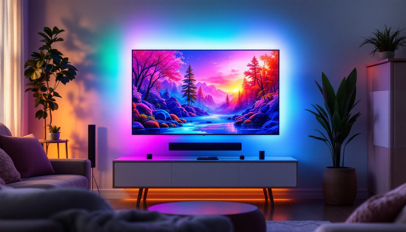 A photograph of a cozy living room setup featuring a television with vibrant led lights that dynamically change colors to match the on-screen content