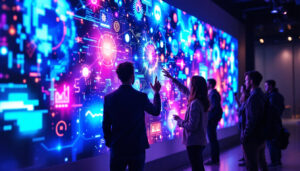 A photograph of a vibrant interactive touch screen wall in a modern setting