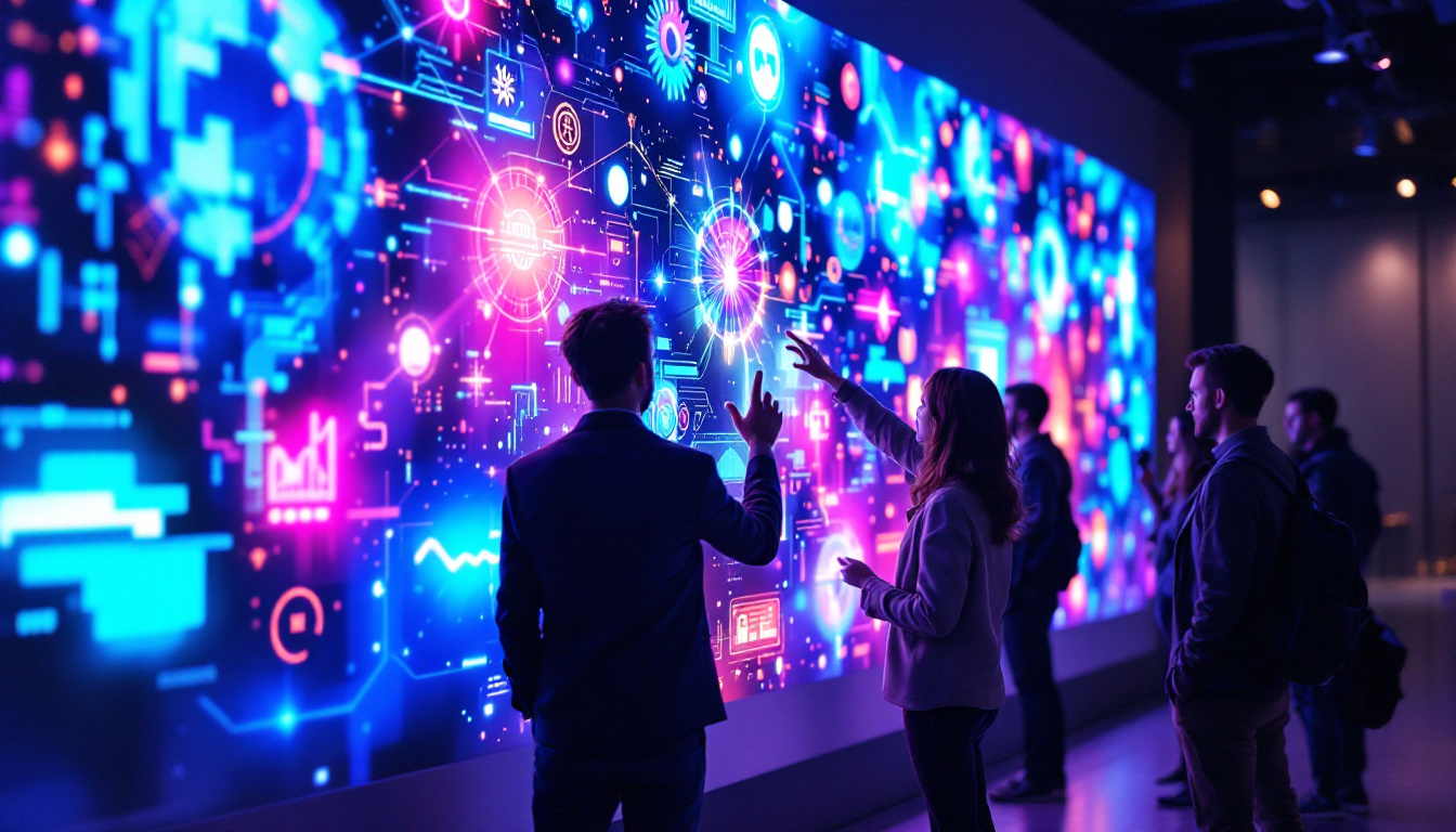 A photograph of a vibrant interactive touch screen wall in a modern setting