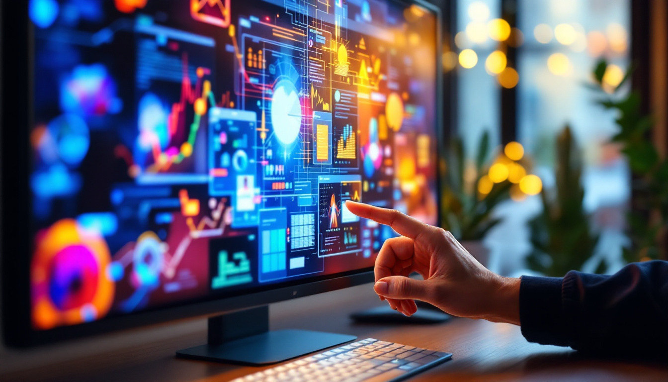 A photograph of capture a photograph of a sleek 24-inch touch monitor displaying vibrant