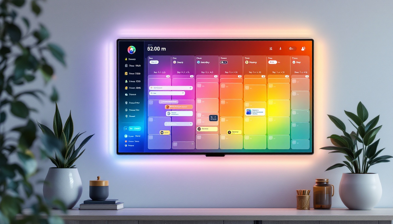 A photograph of a modern electronic wall planner with a vibrant led display