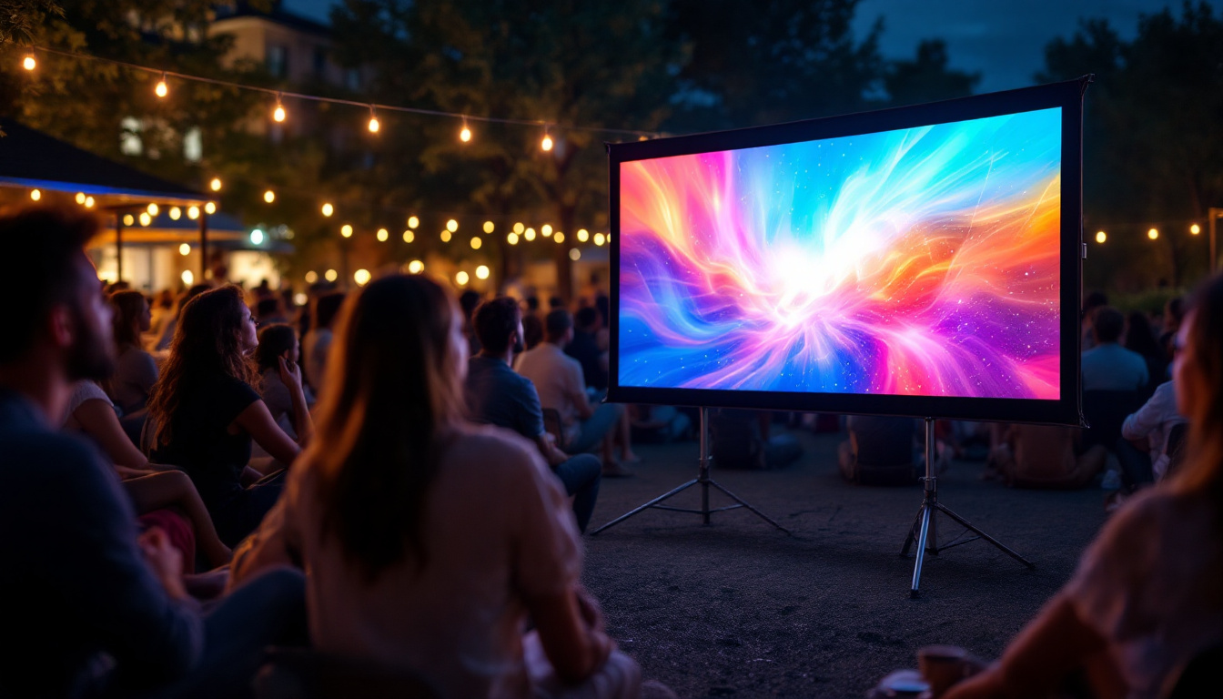 A photograph of capture a photograph of a portable projection screen with a stand set up in an outdoor or indoor setting