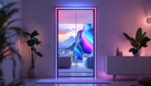 A photograph of a sleek clip-on screen door with an integrated led display in a modern home setting