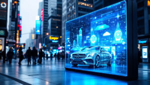 A photograph of a transparent led screen in an urban setting