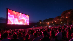 A photograph of a vibrant outdoor movie screening event featuring a large led display