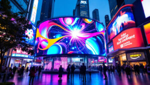 A photograph of a vibrant commercial led display in a bustling urban environment