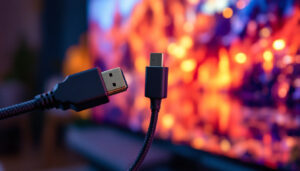A photograph of a close-up shot of an hdmi 2.1 cable and a displayport cable side by side