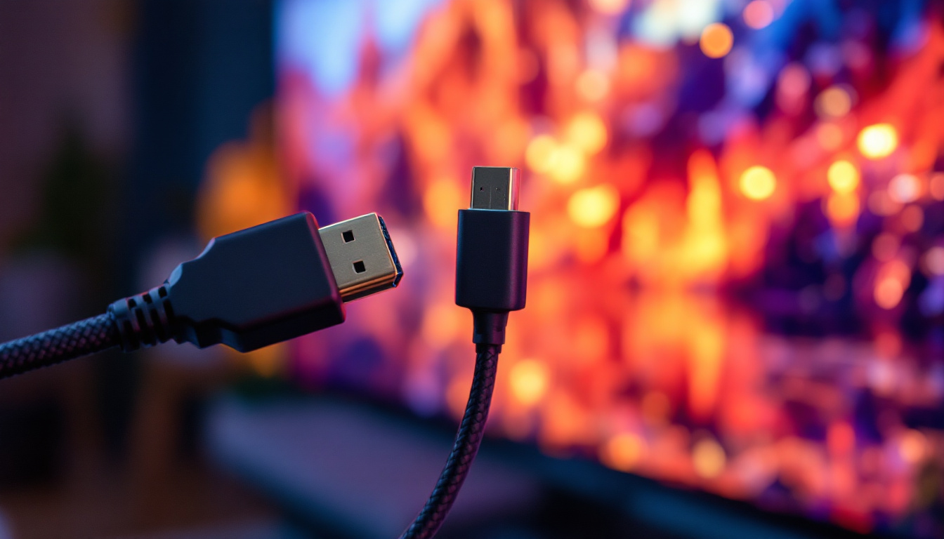 A photograph of a close-up shot of an hdmi 2.1 cable and a displayport cable side by side