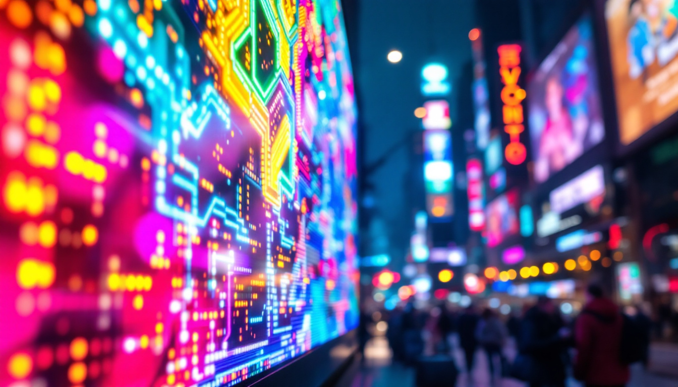 A photograph of a vibrant led display in a bustling urban environment