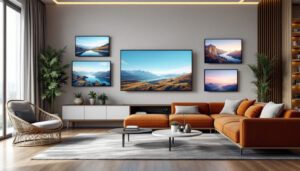 A photograph of a modern living room setting featuring a variety of standard led tv sizes displayed on the wall