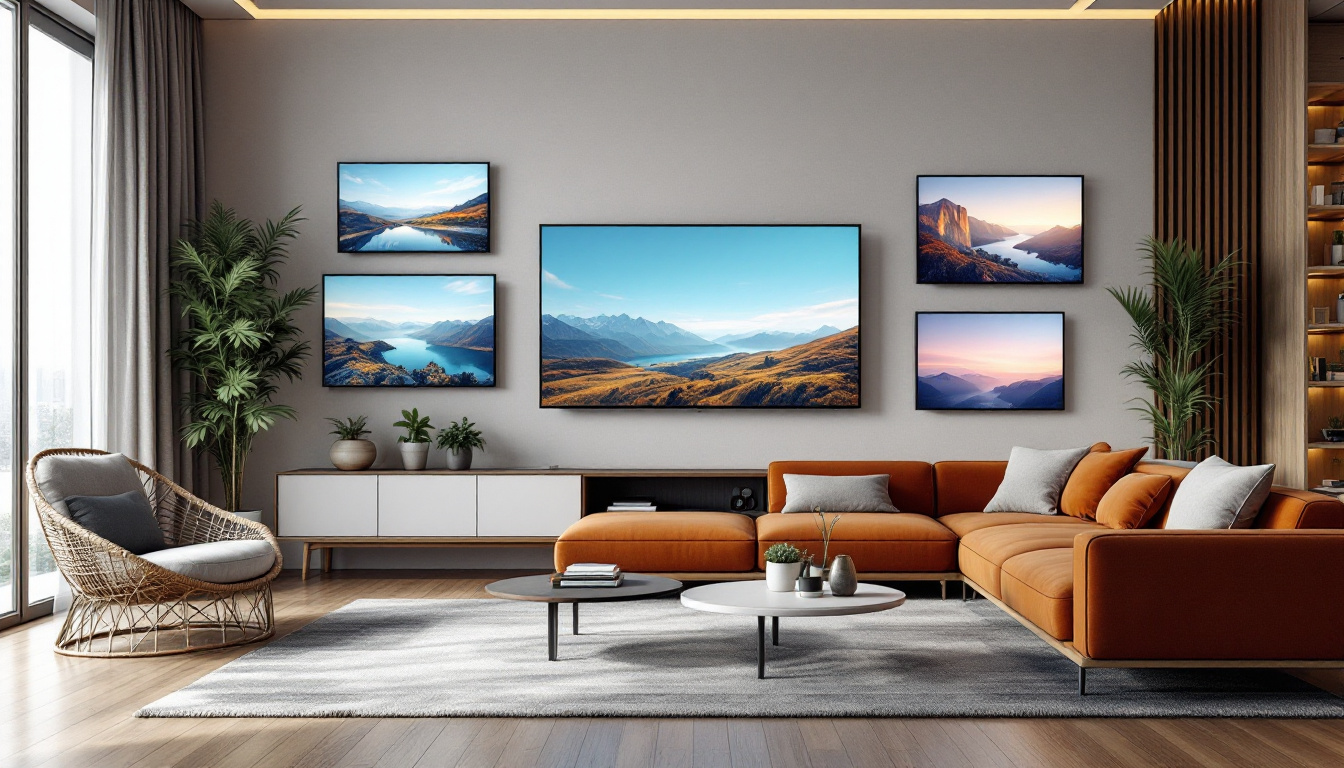 A photograph of a modern living room setting featuring a variety of standard led tv sizes displayed on the wall