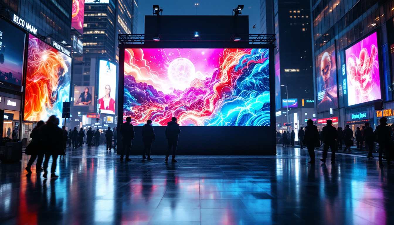 A photograph of a vibrant led display in a dynamic urban setting