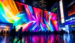 A photograph of a vibrant led display in an urban setting