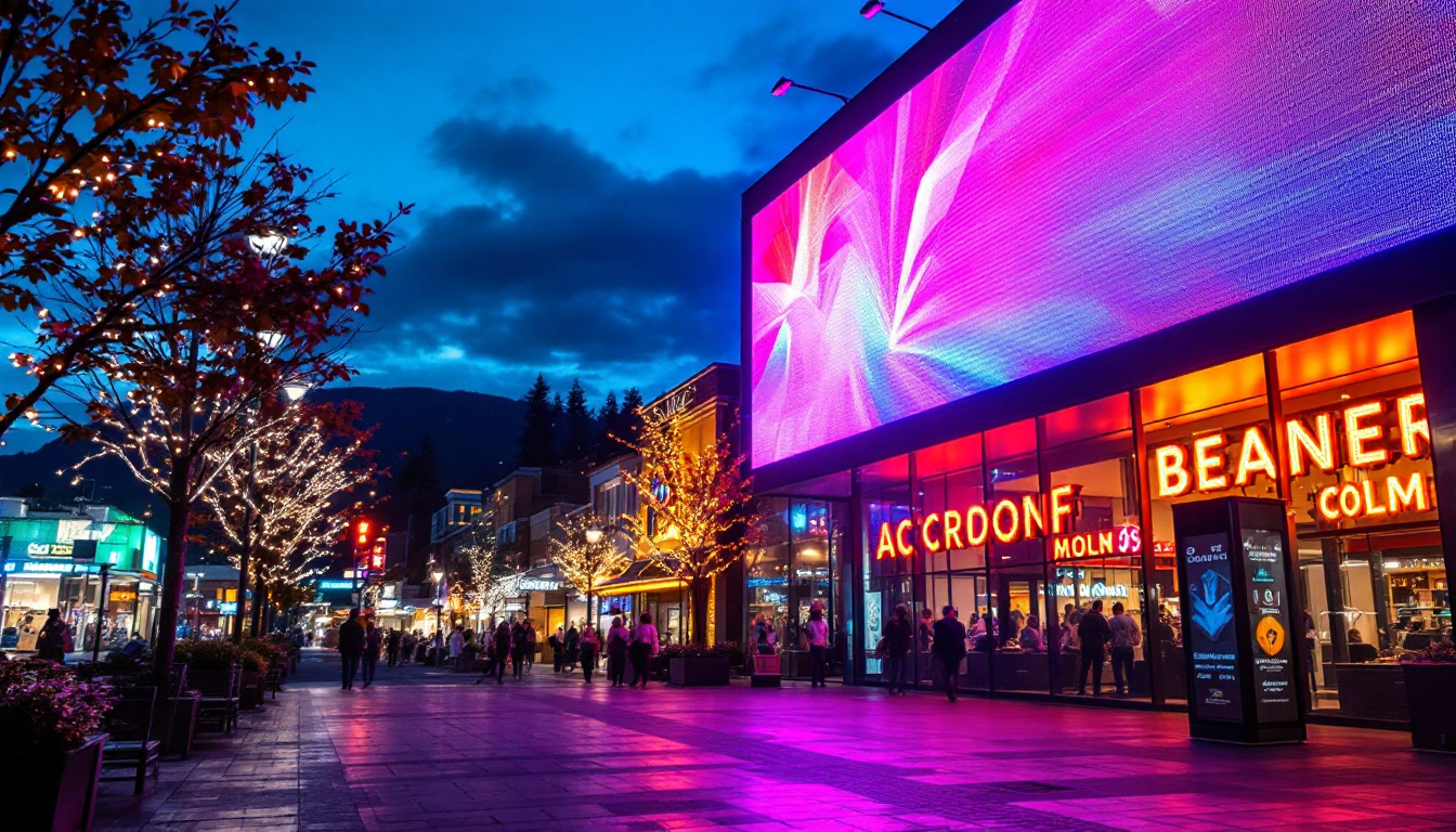 A photograph of capture a photograph of a vibrant led display in a bustling beaverton