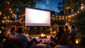 A photograph of a vibrant outdoor setting featuring a portable projection screen in use