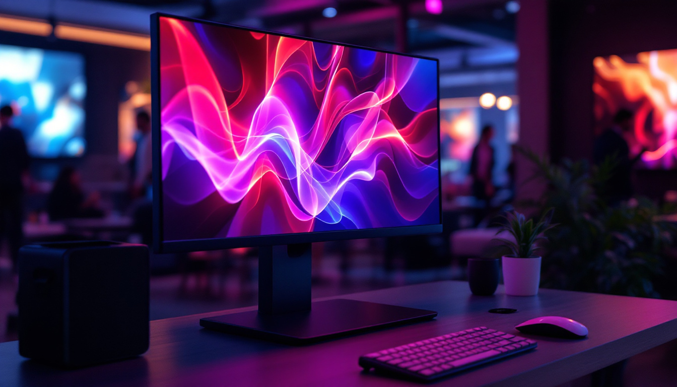A photograph of capture a photograph of the minotor stand showcasing its sleek design and vibrant led display in an engaging setting