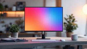 A photograph of a sleek 16-inch led display in a modern workspace setting