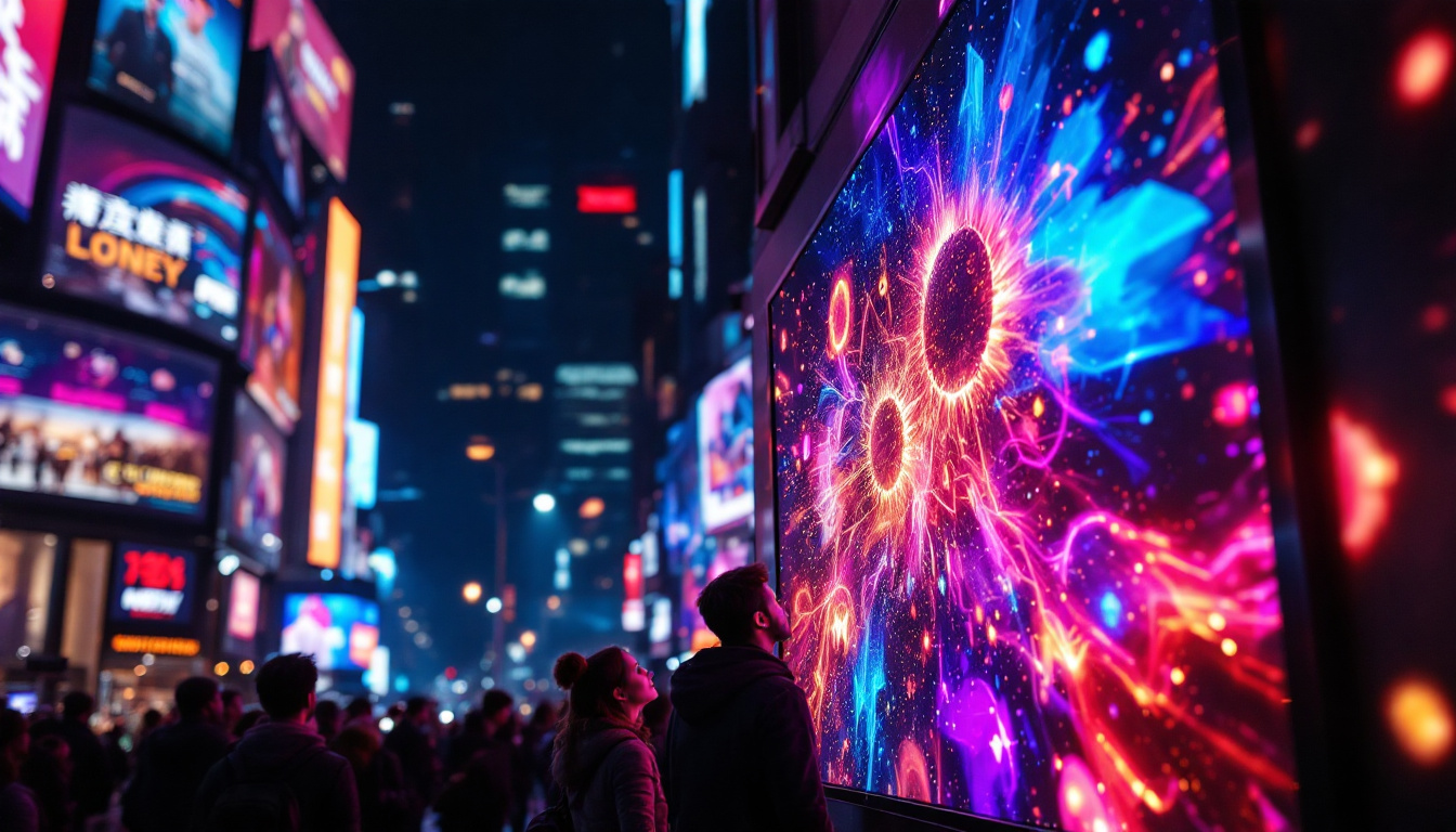A photograph of a vibrant led display showcasing dynamic visuals