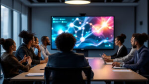 A photograph of a modern conference room featuring a large touch screen led display in use