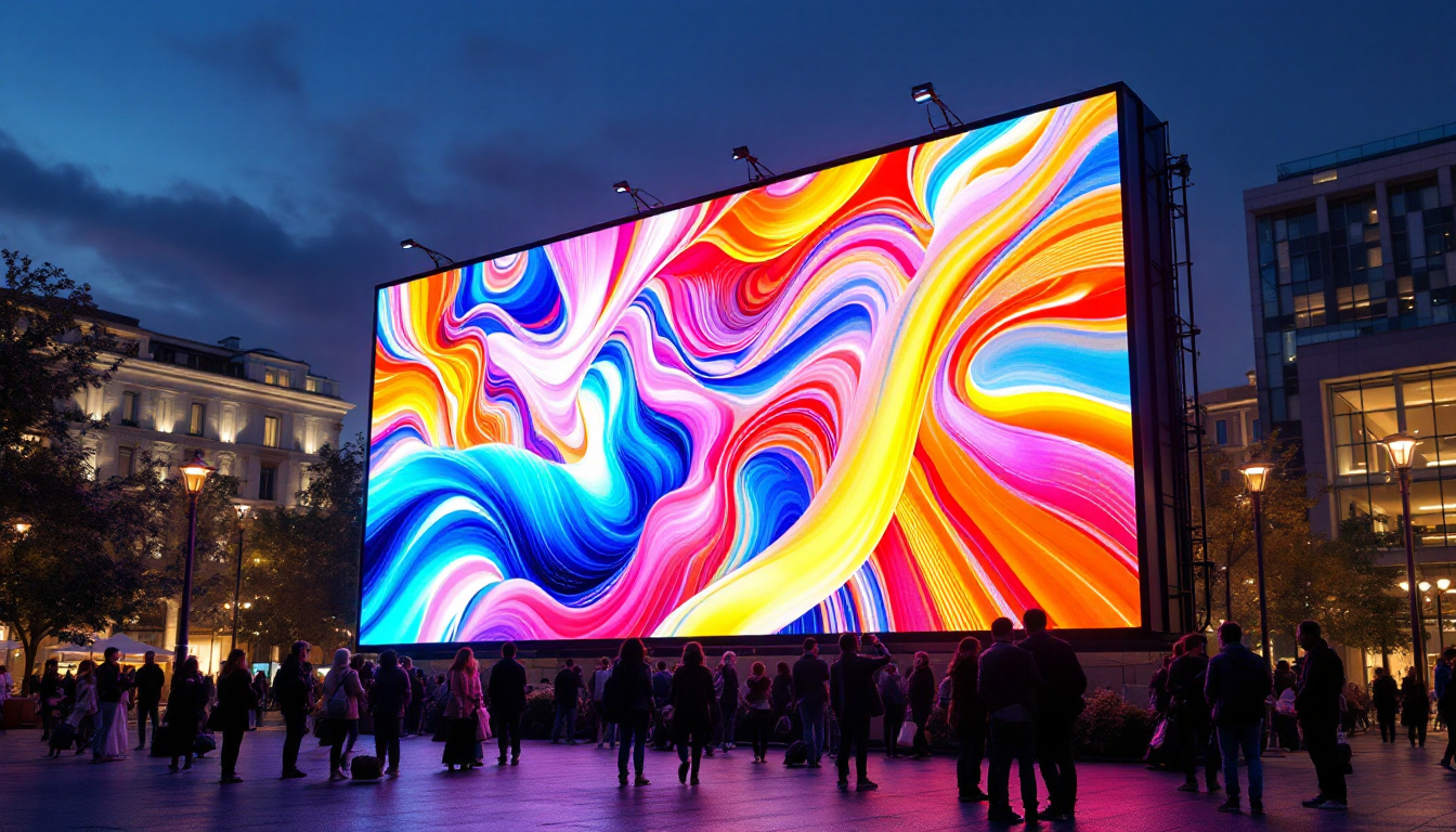 A photograph of a vibrant outdoor led display showcasing dynamic visuals