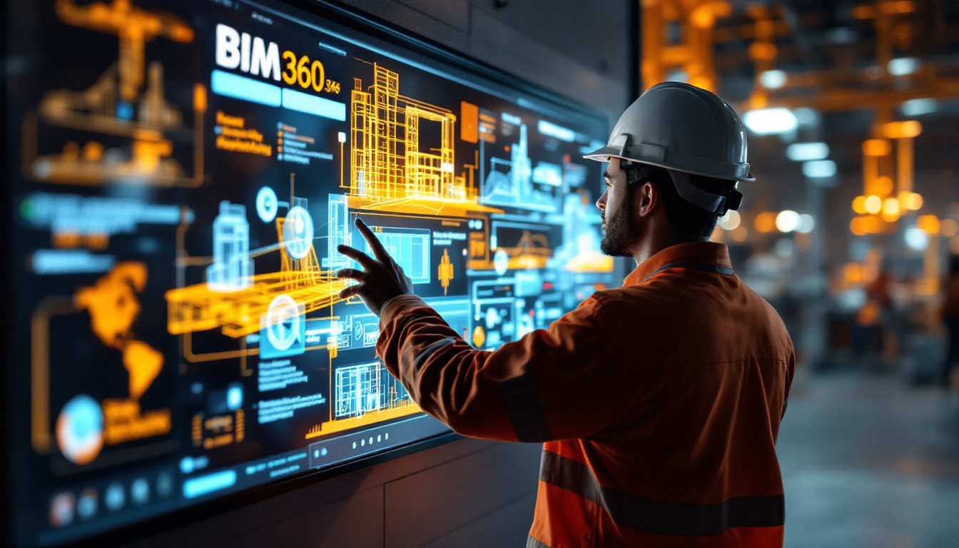 A photograph of a construction professional interacting with an led display showcasing autodesk bim 360 software
