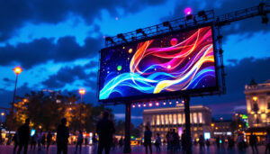 A photograph of capture a photograph of an outdoor led display illuminated at dusk