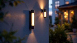 A photograph of a stylish 24-inch outdoor wall light installed on a home exterior