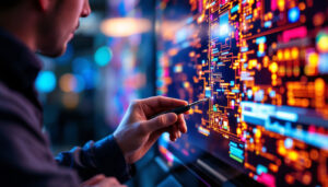 A photograph of a close-up view of a technician calibrating a touch screen on an led display