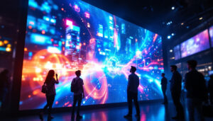 A photograph of capture a photograph of a vibrant led display in a dynamic setting