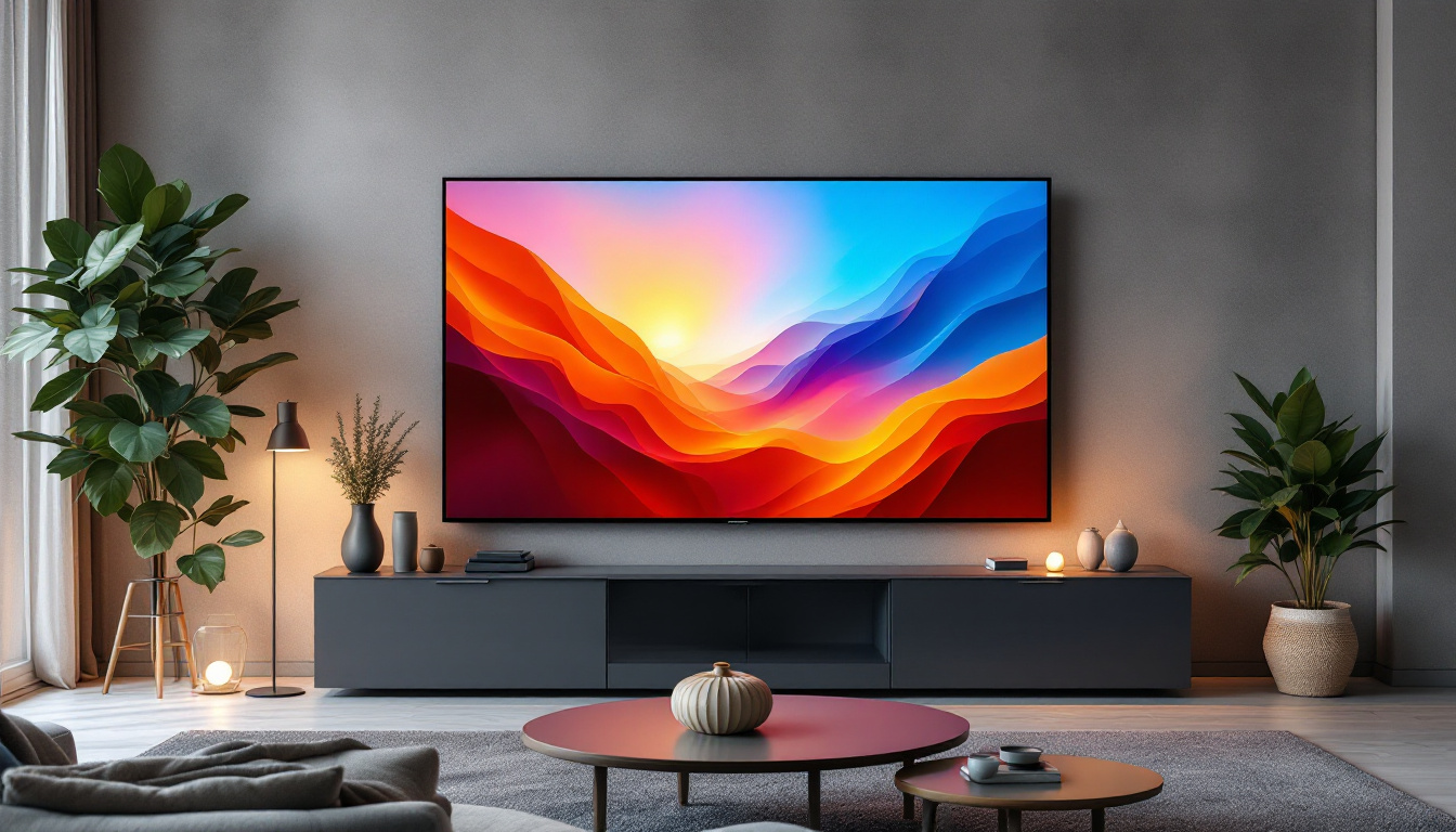 A photograph of a modern living room featuring a large flat panel led tv mounted on the wall