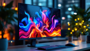 A photograph of a sleek 24-inch led monitor displaying vibrant colors and dynamic visuals in a well-lit workspace